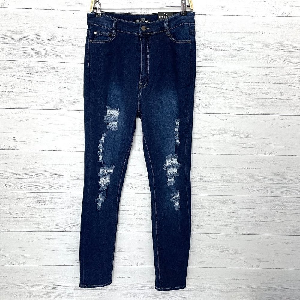 NEW Fashion Nova Women's Jeans Skinny Distressed Dark Wash Drive to the Ocean 15
